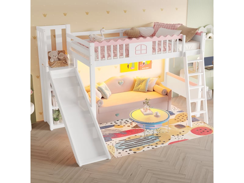 Lit mezzanine enfant avec toboggan, 90x200 cm, pin et mdf blanc, trois étagères et éclairage led - Conforama B