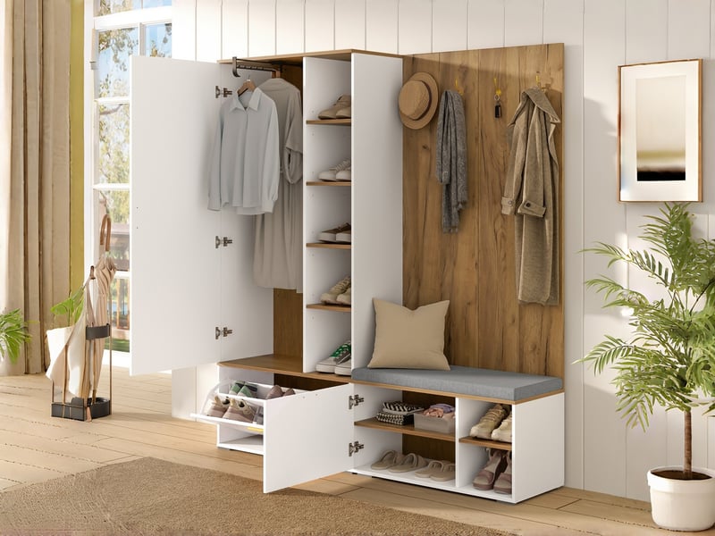  Vestiaire mural, portes pliantes, tringle extensible, miroir et banc à chaussures, 4 crochets, 125×36×190 cm, blanc N657P50643567W - Conforama B
