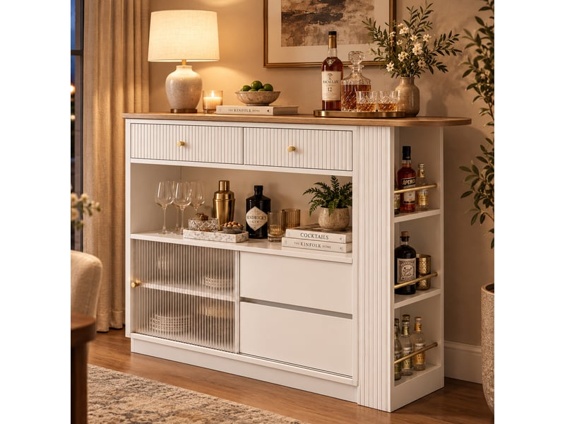  Îlot de cuisine avec bar extensible 120x30x100 cm, rangement, plateau pivotant 360°, porte coulissante acrylique, led connectée, blanc  - Conforama E