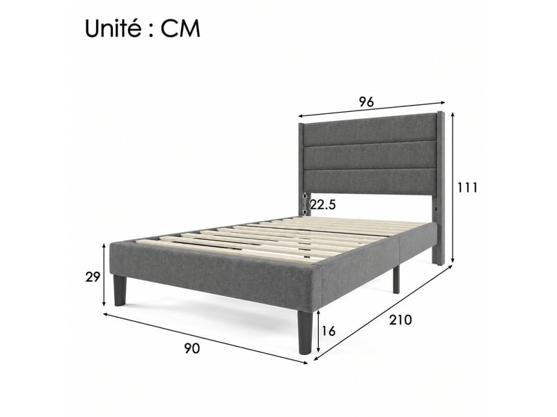  Lit simple 90x200 cm en lin gris foncé avec tête rembourrée, sommier et matelas 7 zones h3 inclus  - Conforama D
