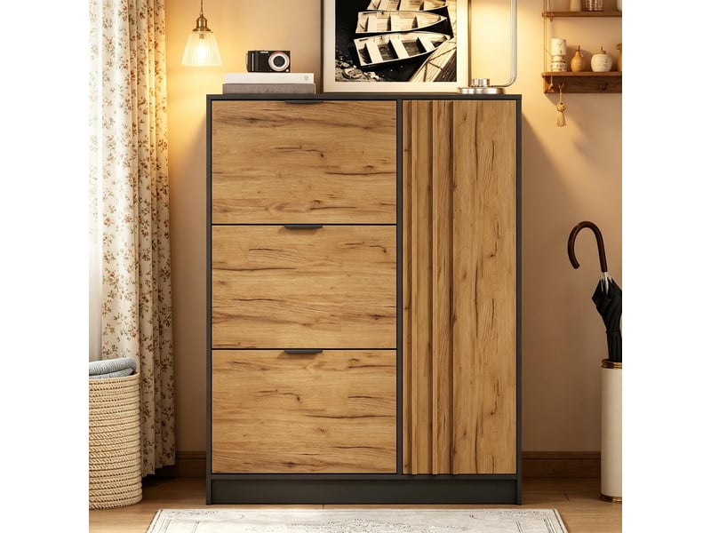  Meuble à chaussures - 100x30x130cm - 3 portes abattantes &amp; 1 placard avec étagères en mdf - bois &amp; noir  - Conforama D