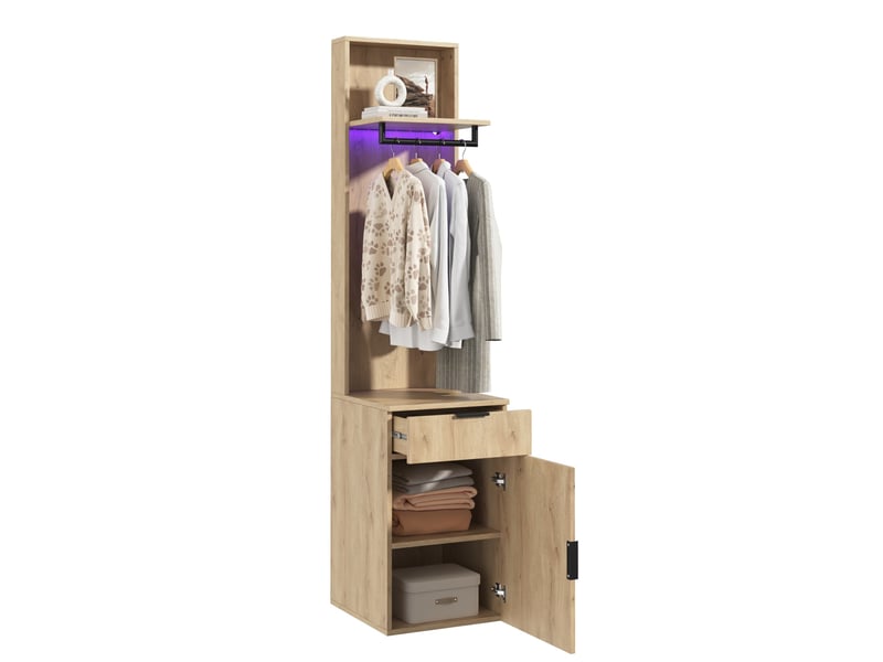  Garde-robe d'entrée 45x47x200 cm avec led et tiroir à bijoux, mdf, bois clair, rangement entrée et dressing, chambre  - Conforama A
