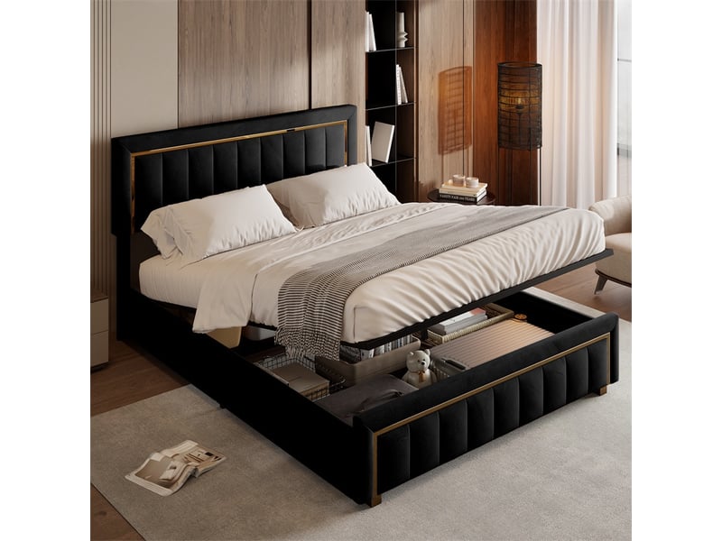  Lit 160x200 cm - lit coffre 160x200 cm - lit double capitonné avec tête de lit réglable et liseré doré - velours noir  - Conforama D