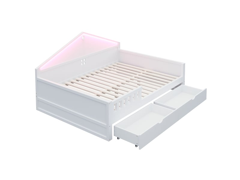 Lit enfant 140x200 cm blanc avec bandeau led contrôlable, 2 tiroirs et sommier à lattes inclus - Conforama W