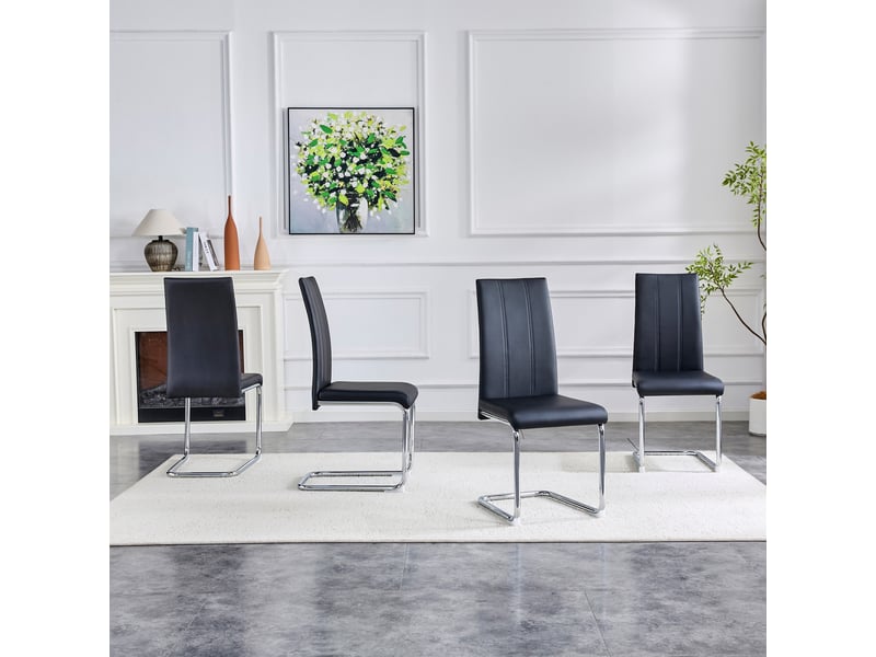 Lot de 4 chaises de salle à manger 41.5x42.5x99cm – chaises cantilever modernes à dossier haut avec métal argenté chromé – simili cuir - noir - Conforama E