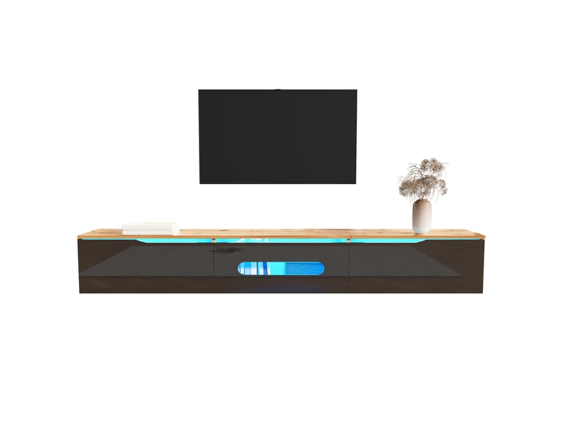  Meuble tv 180 cm noir et effet bois avec éclairage led 16 couleurs  - Conforama A