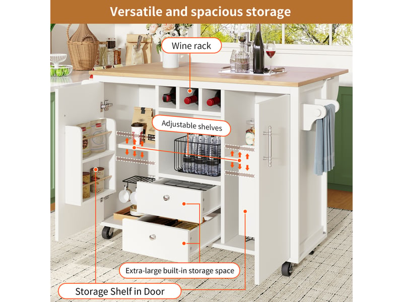 Desserte cuisine, îlot central sur roulettes avec plan de travail, plateau extensible, pivotant à 360°, dimensions 137,9 x 73 x 92,5 cm, mdf, blanc - Conforama E