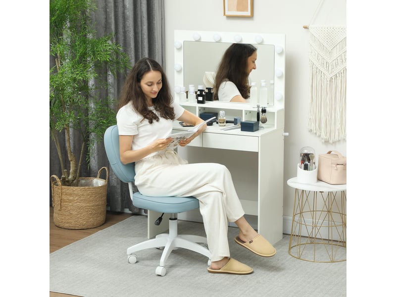  Fauteuil de bureau pivotant en polyuréthane, réglable en hauteur, sans accoudoirs, capacité de charge 120 kg, 46 x 59 x 82-92 cm, bleu clair  - Conforama C