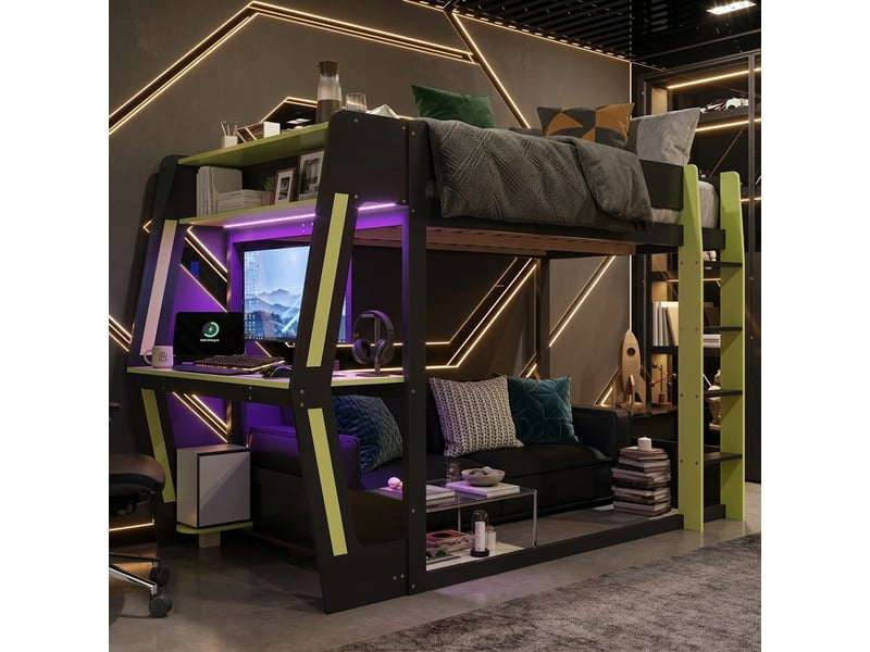 Lit mezzanine gaming 120 x 200 cm noir et vert, couchage surélevé, espace inférieur modulable, bureau gaming, support pc, rangement et éclairage led  - Conforama D