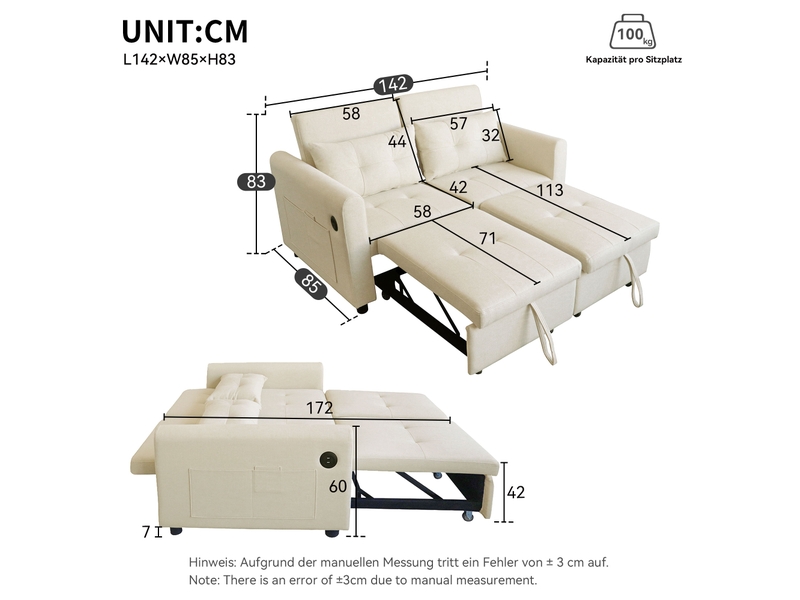  Canapé-lit convertible modenvie 3-en-1 2 places 142 x 85 x 83 cm beige avec usb et poches latérales  - Conforama C
