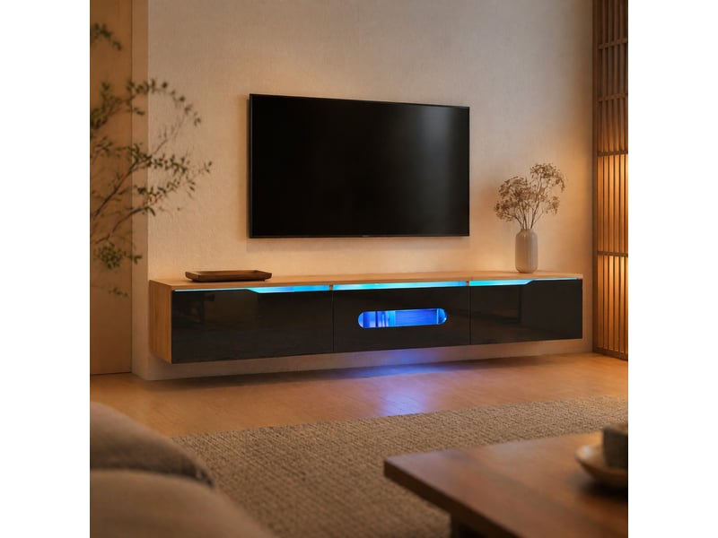  Meuble tv 180 cm noir et effet bois avec éclairage led 16 couleurs  - Conforama C