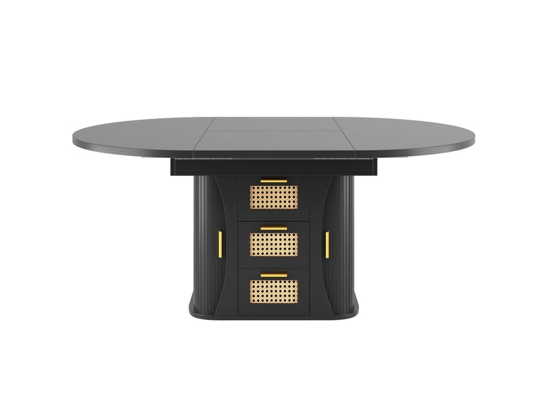  Table extensible 158 cm rangement intégré table repas tiroirs en rotin structure en mdf aspect bois finition noir naturel et marron format extensible  - Conforama E