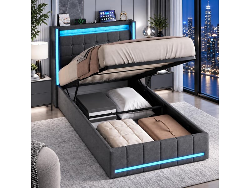 Lit coffre 90x200 avec led et usb, lit 2 place avec rangement hydraulique, lit simple rembourré avec sommier à lattes, sans matelas - Conforama B