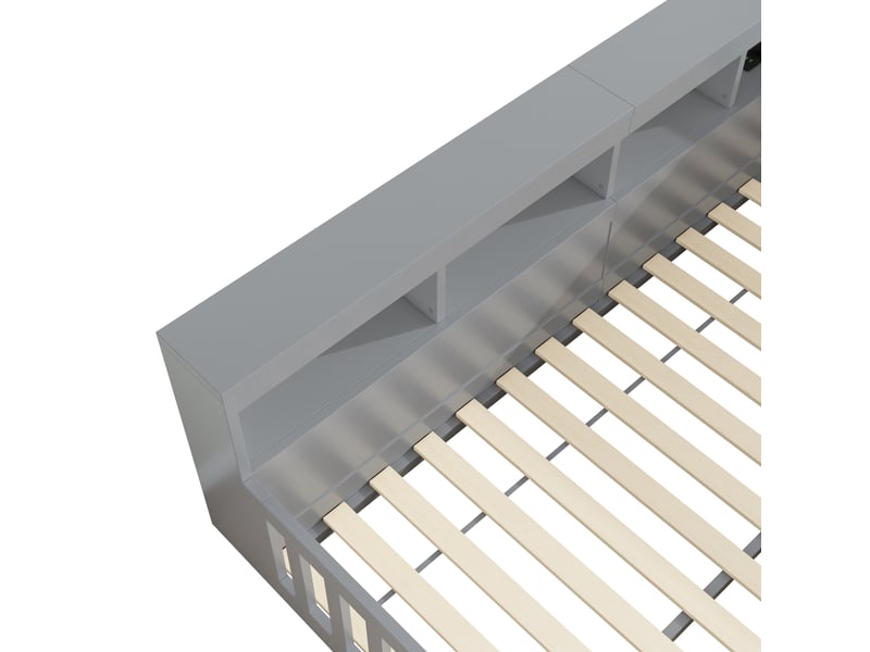 Lit enfant 140x200 cm, canapé-lit, rangement, prise et usb, sommier, aggloméré, gris, sans matelas - Conforama E