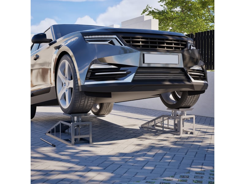 Lot de 2 rampes de levage voiture grises, hauteur réglable, avec cric et plateforme  - Conforama E