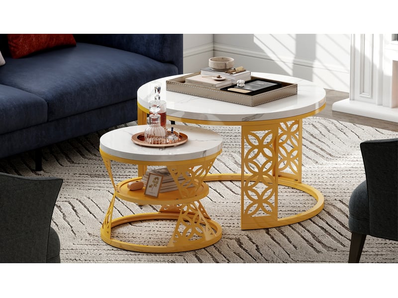  Table basse gigogne 2 pièces effet marbre blanc et doré evryae  - Conforama C
