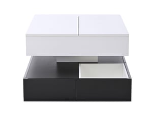 Table basse 70x70x40, finition laquée blanc noir table basse salon, plateau rotatif 360°, 3 tiroirs, rangement intégré, plateau relevable