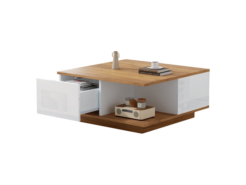  Table basse carrée - 70x70x31,5cm - 3 tiroirs laqués brillants push-to-open &amp; niche - bois &amp; blanc  - Conforama A