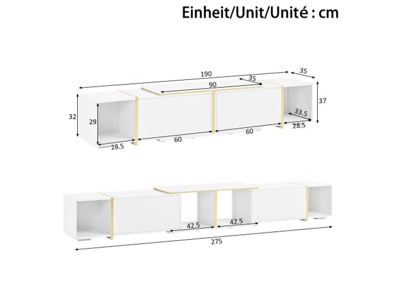  Meuble tv extensible à façades brillantes – design moderne, étagères ouvertes, panneau de particules  - Conforama C