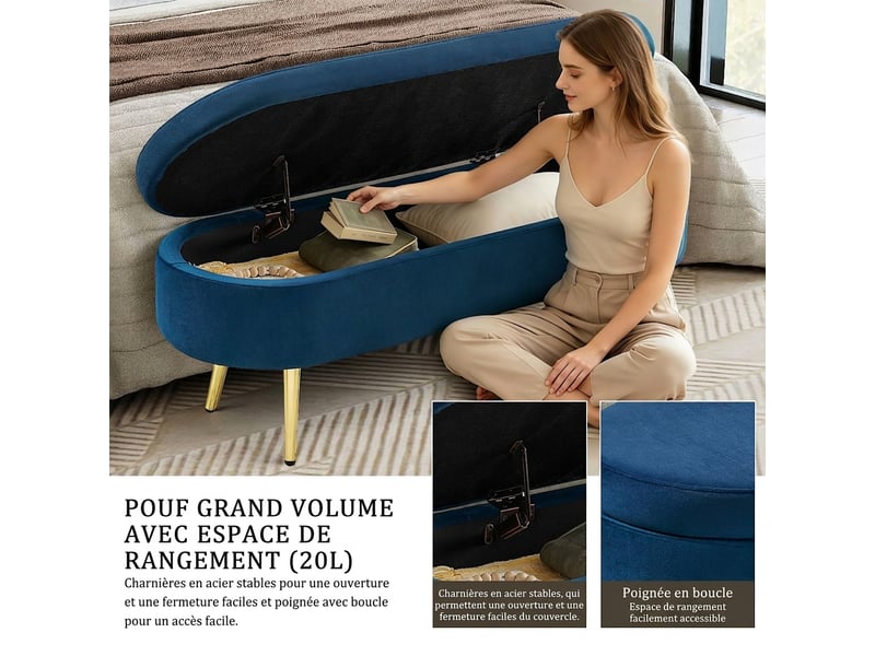  Banc de rangement bleu 110x40x42 cm en velours avec coffre et pieds en métal  - Conforama E