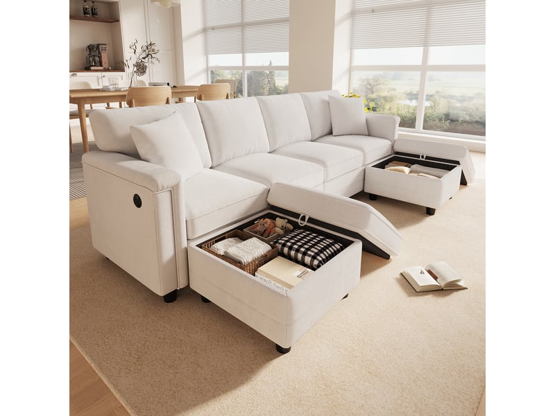  Canapé modulable beige en u et en l avec 2 poufs de rangement  - Conforama B