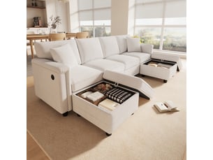 Canapé modulable beige en u et en l avec 2 poufs de rangement