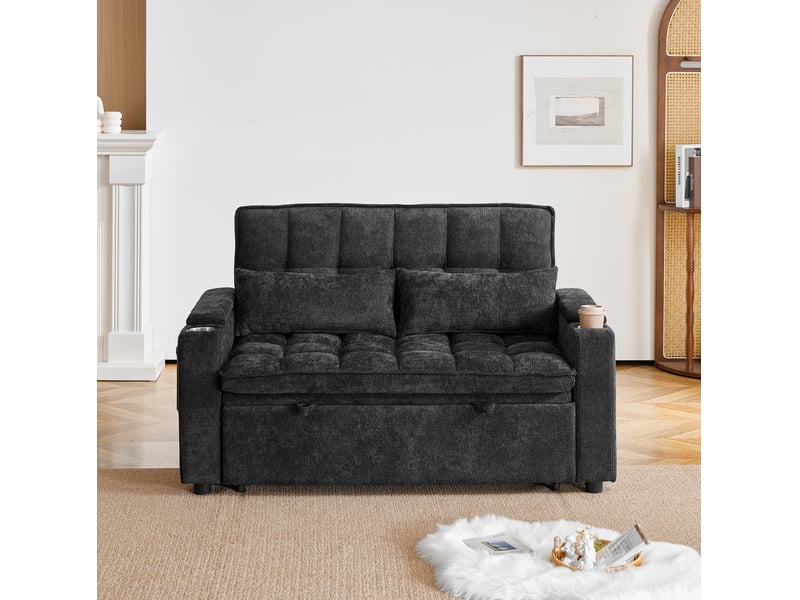  Canapé-lit 3 en 1 modenvie 142 x 89 x 89 cm noir en chenille avec position allongée, rangements et porte-gobelets  - Conforama D