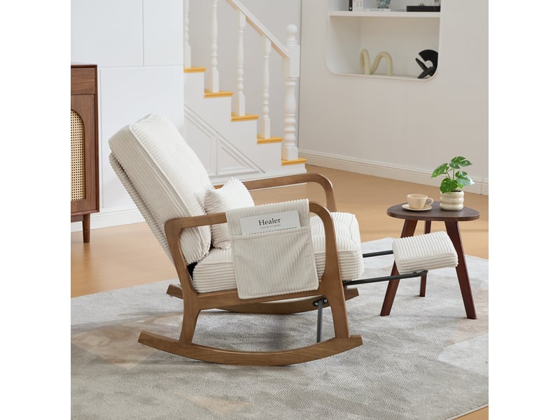  Rocking-chair avec repose-pieds intégré, dossier réglable, poche latérale et coussin lombaire en velours côtelé beige  - Conforama D