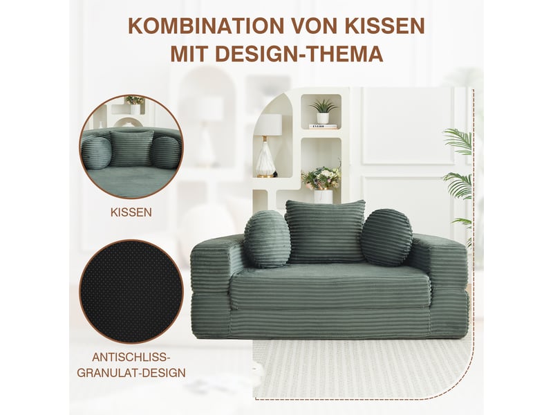  Canapé-lit 4 en 1 polyvalent pour petits espaces, utilisable comme canapé semi-rond ou lit de jour rond, deux coussins ronds et un coussin carré  - Conforama D