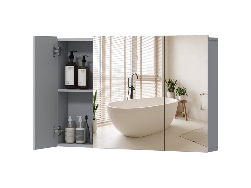  Armoire de toilette avec 3 portes miroir en mdf gris 90x15x60 cm  - Conforama A