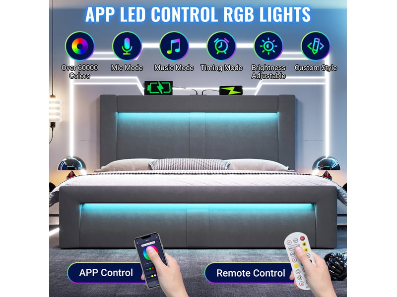  Lit coffre adulte 160x200 cm – gris – rangement hydraulique, led, usbusb-c et matelas inclus  - Conforama E