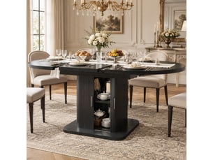 Table à manger extensible 110x110x75 cm, panneau de fibres et cadre métal noir, avec rangement, portes coulissantes et étagère amovible