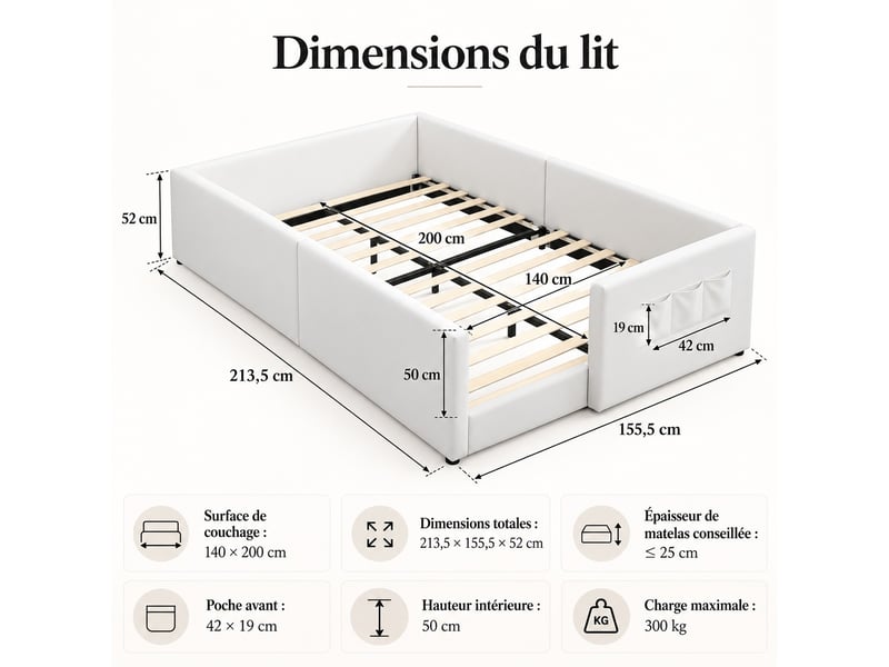  Lit enfant rembourré 140 x 200 cm avec sommier à lattes, côtés matelassés, lit d'appoint pour chambre, blanc  - Conforama C