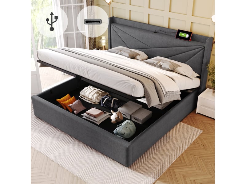 Lit coffre 160x200 avec usb et type-c gris cravdom - Conforama B