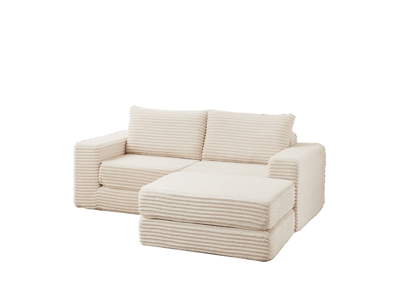Canapé-lit modulable 2 places en velours côtelé beige avec repose-pieds amovible - Conforama A