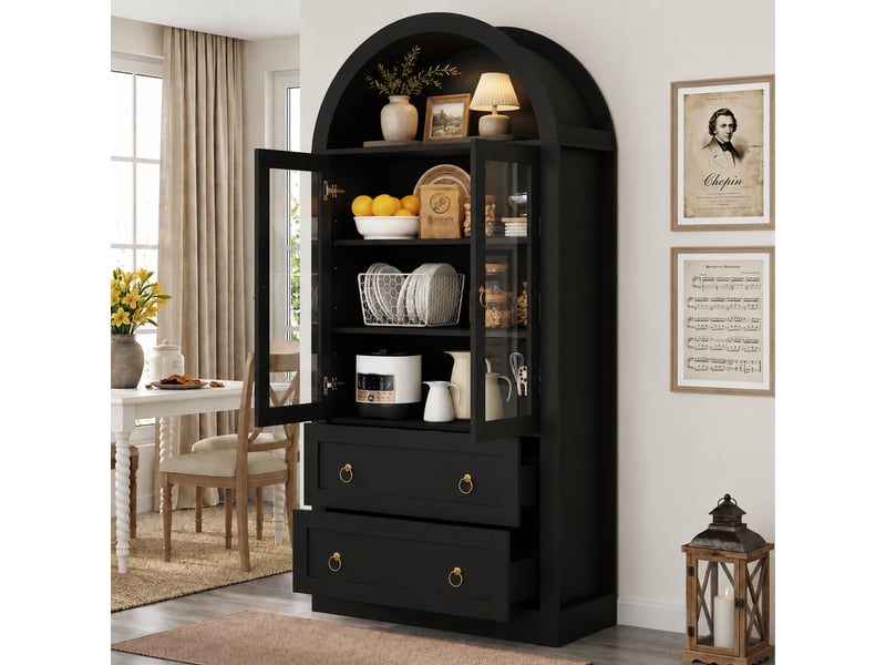 Buffet haut noir 80 × 36 × 170 cm, façade cintrée, portes vitrées, étagères réglables, dispositif anti-basculement - Conforama B
