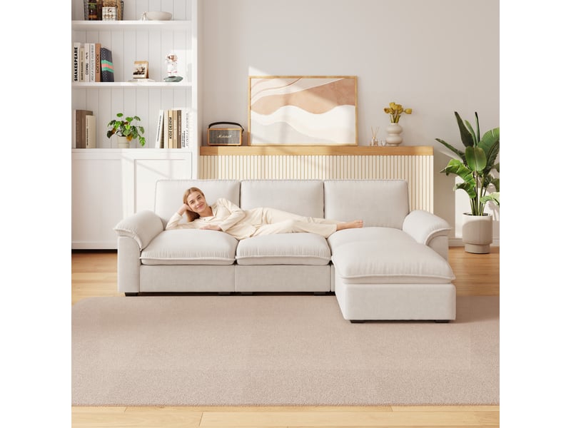  Canapé d’angle modulable 4 places avec méridienne  - coussins ergonomiques, chenille - beige  - Conforama E