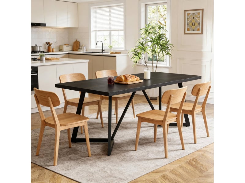  Table de salle à manger rectangulaire 180 cm avec plateau en mdf et pieds métalliques noirs pour salle à manger  - Conforama C