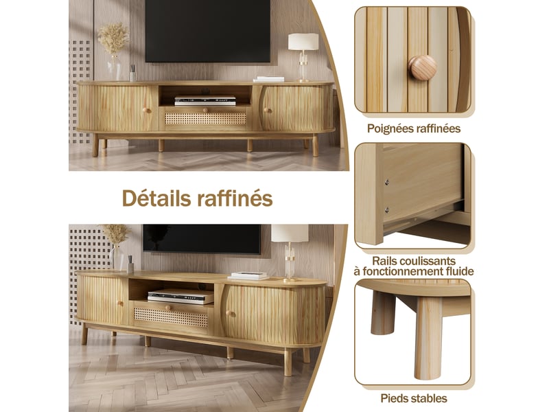  Meuble tv rotin 165 cm avec portes coulissantes et tiroirs, meuble tv naturel en mdf pour salon  - Conforama E