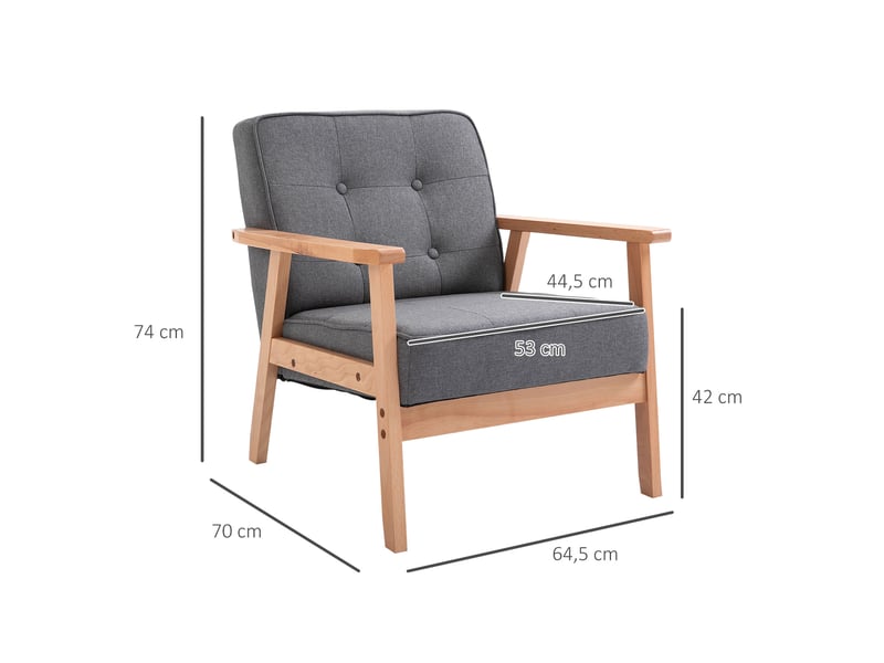  Fauteuil de salon en tissu aspect lin et bois massif gris 64,5 x 70 x 74 cm  - Conforama C