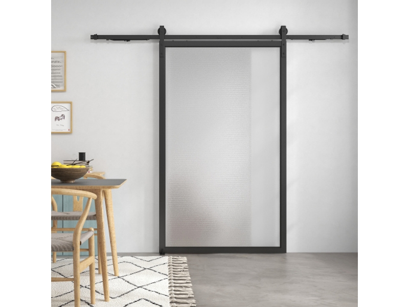 Kit de ferrure pour porte coulissante 244 cm en acier carbone noir avec rail, roulettes, anti-saut, butées et guide au sol, système complet - Conforama B