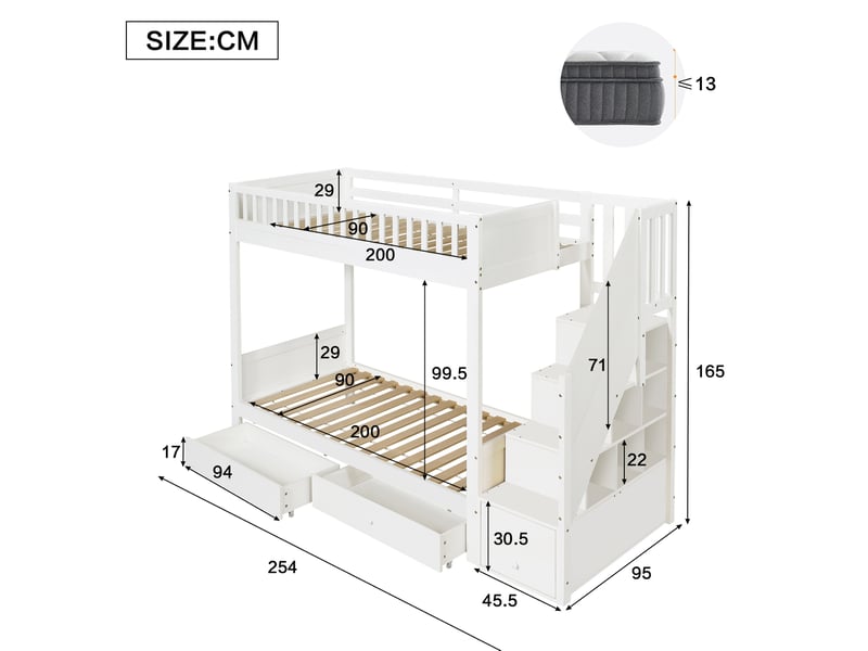  Lit superposé enfant 90x200 cm avec escalier de rangement et 2 tiroirs, bois et mdf, blanc, sans matelas  - Conforama E