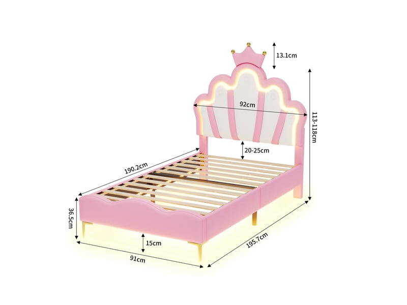  Lit simple 90x190 cm, lit enfant avec rgb led et tête de lit couronne réglable, lit capitonné avec sommier, rose  - Conforama E