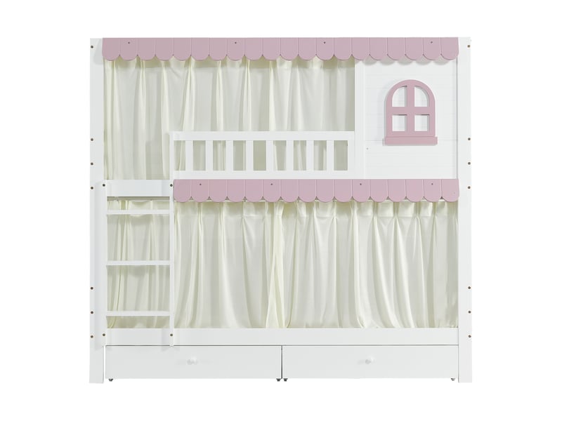  Lit superposé enfant 90x200 cm – blanc et rose – 2 tiroirs à roulettes, étagères et rideaux - sans matelas  - Conforama D