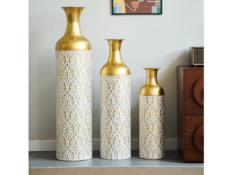  Lot de 3 vases de sol en métal 50, 66 et 83 cm, or et blanc, décor floral pour plantes et fleurs sèches  - Conforama B