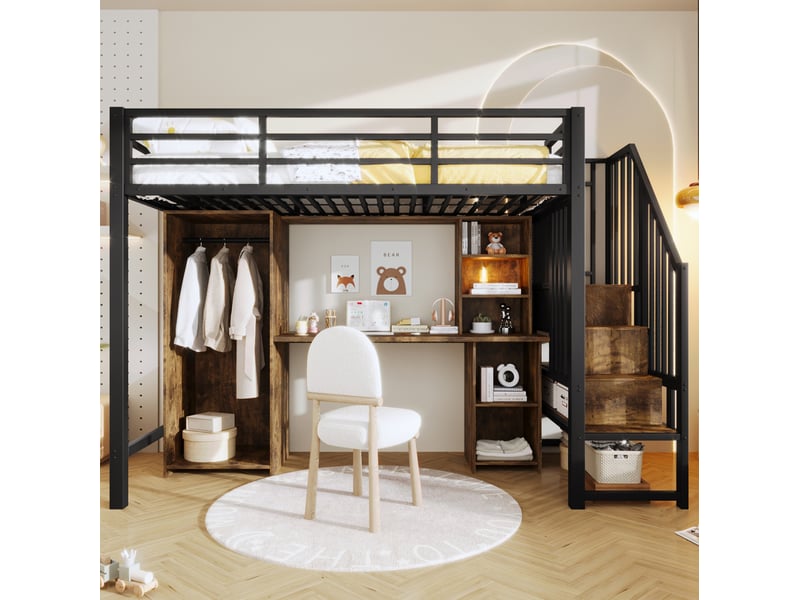  Lit mezzanine 90x200 cm avec rangement, armoire et bureau noir  - Conforama B
