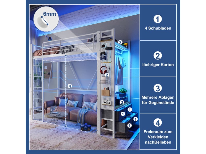  Lit mezzanine 90 x 200cm, structure métal, 4 tiroirs, étagères, led, usb type-c, échelle, sans matelas, blanc  - Conforama C
