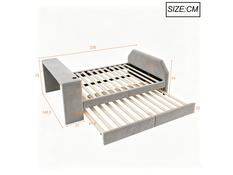  Lit enfant rembourré 140x200 cm avec bureau, usb et lit gigogne en velours gris, sans matelas  - Conforama C
