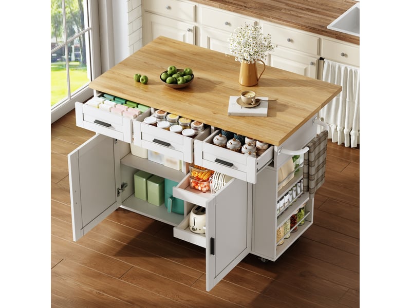  Desserte de cuisine 120x45(70)x84 cm avec plateau rabattable naturel et blanc  - Conforama B