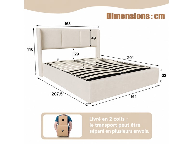  Lit coffre 160x200 beige en tissu rembourré, ouverture hydraulique  - Conforama C